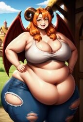1female 1girls ai_generated bbw belly belly_button breasts cleavage dragon_girl dragon_humanoid farm fat fat_ass fat_belly fat_breasts fat_butt fatty feet female female_focus female_only horn horns jeans light-skinned_female light_skin massive_ass massive_breasts massive_butt massive_thighs obese obese_anthro obese_female orange_hair oversized_body pudgy_belly ram_horn ripped_pants rolls sharp_teeth thick_thighs wings yellow_eyes