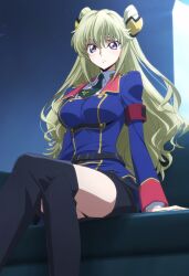 1girls ai_generated blonde_hair boots code_geass female hair_bun hair_ornament leila_malcal light-skinned_female long_hair looking_at_viewer medium_breasts military_uniform poyopoyo_ai purple_eyes solo thigh_boots twin_buns