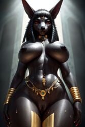 ai_generated anthro big_breasts egyptian egyptian_mythology female female_only furry jackal looking_at_viewer pussy smile smiling_at_viewer sweaty