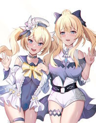 2girls absurdres bangs barbara_(genshin_impact) barbara_(summertime_sparkle)_(genshin_impact) bare_shoulders blonde_hair blue_eyes blush bow breasts choker chushou_jiang collarbone drill_hair eyebrows_visible_through_hair fingers genshin_impact hair_between_eyes hair_ribbon hairbow hat highres jean_gunnhildr jean_gunnhildr_(sea_breeze_dandelion) large_breasts long_hair looking_at_viewer multiple_girls navel nun ponytail pubic_tattoo ribbon sailor_collar saya-aya siblings sidelocks simple_background sisters smile stomach tattoo thigh_strap thighs twin_drills twintails v white_background