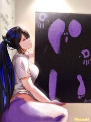 black_hair blue_hair bodypaint breasts canvas_(object) demon_horns female futa_focus futa_only futanari highres hololive hololive_english horns implied_futanari indoors large_breasts long_hair multicolored_hair nerissa_ravencroft no_pants painting_(object) photo-referenced ponytail radeath5 red_eyes shirt small_balls small_penis smile solo sweat t-shirt twitter_username very_long_hair virtual_youtuber white_shirt