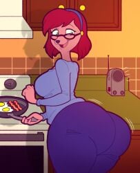 1girls anthro big_ass blue_shirt bottomwear breasts bubble_ass bubble_butt canine clothing dat_ass disney eyewear female female_focus female_only footwear glasses goof_troop green_eyes hair holding_object huge_ass kinggargantuas kitchen large_ass looking_back mature mature_female mature_woman motion_lines radio red_glasses red_hair red_head shirt short_hair solo solo_female sylvia_marpole thick_thighs thighs topwear zrhap