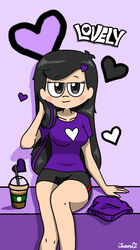 1girls alternate_version_available beanie black_fur black_shorts blush bubble_tea censored dyed_hair hairclip heart long_hair lovely_(writers_crusaders) purple_hair purple_shirt seductive shorts sitting smug solo solo_female starbucks thighs wcjuan writers_crusaders