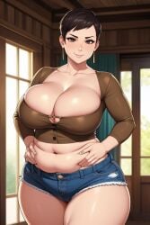 1female 1girls ai_generated bbw belly belly_bulge belly_button belly_squeeze belly_squish big_beautiful_woman breasts brown_eyes brown_hair button_nose chubby cleavage crop_top cropped_hair cute_face dress fat_arms fat_rolls female female_focus female_only focus_mature jean_shorts jeans large_boobs large_breasts milf mommy older_female plus_size pudgy pudgy_belly pudgy_body ripped_shorts rolls round_jawline sexy_woman skin_tight solo thick_thighs