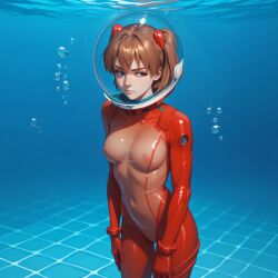 1girls ai_generated asuka_langley_sohryu bodysuit breasts bubble clothed diving_helmet female female_only helmet latex latex_bodysuit medium_breasts navel neon_genesis_evangelion nipples no_bra non-web_source nordslate plugsuit pool see-through see-through_bodysuit solo underwater water