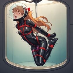 1girls ai_generated asuka_langley_sohryu black_bodysuit black_clothing black_latex blush bodysuit bondage bound breasts clothing egg_vibrator female female_only latex latex_bodysuit latex_clothing latex_suit medium_breasts neon_genesis_evangelion nordslate open_mouth png sex_toy solo trembling underwater vibrator