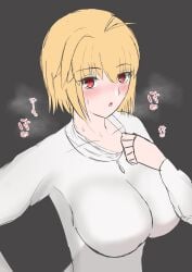alternate_breast_size arcueid_brunestud big_breasts big_breasts blonde_hair blush blush breasts breasts_bigger_than_head clothed fukufukushinken heat hot huge_boobs huge_breasts large_boobs large_breasts melty_blood necklace panting pulling_clothing red_eyes short_hair sound_effects steam steaming_body sweatdrop sweater sweating sweaty sweaty_body top_heavy tsukihime tsukihime_(remake) vampire vampire_girl