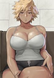 1girls absurd_res big_breasts blonde_hair boku_no_hero_academia breasts cleavage clothed clothing couch crossed_legs dolphin_shorts earrings female female_only fingernails fully_clothed gud0c hi_res high_resolution highres huge_filesize human large_breasts light-skinned_female light_skin lips lipstick looking_at_viewer milf mitsuki_bakugou my_hero_academia nail_polish nails nails_painted open_mouth pearl_earrings red_eyes shiny_skin short_hair shorts sitting solo spaghetti_strap spiky_hair sports_shorts sweat sweaty_body tagme teeth thick_thighs thighs topwear white_top white_topwear wide_hips