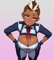 ai_assisted ai_generated bimbo bimboports(ai) cleavage dark-skinned_female dark_skin female hands_on_hips harriet_bree huge_breasts lipstick long_fingernails looking_at_viewer nail_polish raised_eyebrow rwby thick_hips two_tone_hair undercut wide_hips