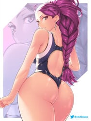 1girls alternate_costume back back_view backless_outfit backless_swimsuit bare_back big_butt black_swimsuit blue_swimsuit blush braid braided_hair braided_ponytail breasts brown_eyes butt butt_focus close-up closed_mouth dark-skinned_female dark_skin earrings english_commentary etchimune facial_mark fire_emblem fire_emblem:_three_houses from_behind from_below grin huge_butt jewelry large_butt long_hair looking_at_viewer looking_back looking_down nintendo one-piece_swimsuit one-piece_thong open_mouth petra_macneary ponytail purple_eyes purple_hair simple_background smile smiling_at_viewer solo swimsuit thick_thighs thighs very_long_hair wide_hips