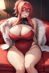 1female 1girls ai_generated belly_button breasts chair cleavage female female female_focus female_only glasses lace leather lingerie lipstick massive_breasts massive_butt massive_cleavage ponytail pudgy pudgy_belly red_eyes red_hair red_lipstick red_outfit skimpy skimpy_clothes skimpy_outfit skin_tight solo solo_female thick_thighs white_fur woman_focus woman_only