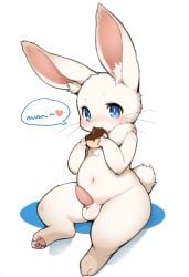 ai_generated anthro blue_eyes blush bunny bunny_boy bunny_ears bunny_tail chest_fluff dialogue_bubble ear_fluff eating ffxiv final_fantasy final_fantasy_xiv fluffy fluffy_tail heart inner_ear_fluff loporrit male navel novelai nude nude_male pawpads paws penis pudding puddingway rabbit sitting testicles whiskers