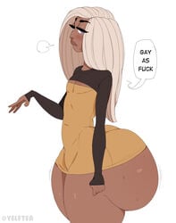 1boy 2d 2d_(artwork) artist_name ass big_ass biting_own_lip black_eyebrows blush blushing curvy dark-skinned_femboy dark-skinned_male dark_skin dat_ass english_text femboy flat_chest huge_ass large_ass long_hair looking_at_viewer male male_only oc original_character plump purple_eyes round_ass shaylee shaylee_(yelftea) simple_background skimpy skimpy_clothes solo solo_male speech_bubble text thick thick_ass thick_thighs trap white_background white_hair white_hair_femboy white_hair_purple_eyes wide_hips yelftea