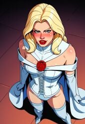 ai_generated blonde_female blonde_hair demonsummonerai emma_frost fully_clothed looking_at_viewer marvel marvel_comics red_lipstick skimpy_clothes thigh_boots white_cape x-men x-men:_the_animated_series x-men_97