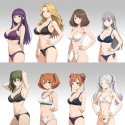 6+girls ai_generated armpits arms_behind_head blonde_hair blue_eyes bra breasts brown_eyes brown_hair bust_chart cleavage double_bun earrings ehre_(sousou_no_frieren) female_focus fern_(sousou_no_frieren) frieren gradient_background green_hair grey_hair hair_bun hair_ornament highres jewelry kanne_(sousou_no_frieren) large_breasts laufen_(sousou_no_frieren) lawine_(sousou_no_frieren) long_hair looking_at_viewer medium_breasts methode_(sousou_no_frieren) multiple_girls navel panties purple_eyes purple_hair seductive_smile short_hair simple_background small_breasts smile sousou_no_frieren standing twintails ubel_(sousou_no_frieren) underwear underwear_only upper_body white_hair yami_anko