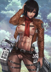 abs attack_on_titan belt black_hair breasts female gear grey_eyes leather_jacket looking_at_viewer mikasa_ackerman monorirogue muscular muscular_female nipples open_clothes pussy solo solo_female weapon