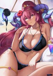 1girls absurdres alternate_costume bare_arms bare_legs bare_midriff bare_thighs beach beach_chair bikini black_bikini black_swimsuit blue_eyes breasts chibi cleavage collarbone curled_horns curvy female female_only fire_emblem fire_emblem_heroes flower food hair_between_eyes hair_flower hair_ornament highres horns huge_breasts ice_cream legs long_hair mature mature_female midriff nail_polish necklace nerthuz_(fire_emblem) nerthuz_(summer)_(fire_emblem) nintendo ocean official_alternate_costume outdoors parasol pink_eyes pink_hair pink_nails ponytail sand sharena_(fire_emblem) sitting solo spoon spoon_in_mouth swimsuit tempurachronos thick_thighs thighs umbrella very_long_hair voluptuous