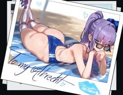 1girls ass blue_eyes blue_nails breasts ebora fate/grand_order fate_(series) female large_ass light-skinned_female light_skin long_hair looking_over_eyewear looking_over_sunglasses meltryllis meltryllis_(swimsuit_lancer)_(fate) nail_polish one-piece_swimsuit painted_nails petite petite_body ponytail purple_hair slim_body slit_pupils small_breasts sunglasses swimsuit thighhighs tinted_eyewear youngmanisdown