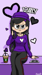 1girls alternate_version_available beanie beanie_hat black_hair blush bra_strap bubble_tea censored dyed_hair heart long_pants long_sleeves lovely_(writers_crusaders) purple_clothing purple_hair seductive sitting smug solo solo_female starbucks sweater wcjuan writers_crusaders