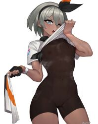 bea_(pokemon) black_hairband breasts brown_leotard cameltoe clothes_lift commentary covered_navel cowboy_shot creatures_(company) dynamax_band female fingerless_gloves game_freak gloves gluteal_fold grey_eyes grey_hair hairband half_gloves highres holding holding_towel human leotard nintendo one_eye_closed open_mouth pokemon pokemon_ss revian_samuel_dani shirt_lift small_breasts solo steaming_body towel twitter_username wristband