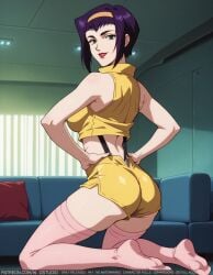 ai_generated ass bare_arms bare_shoulders breasts clothing couch cowboy_bebop crop_top faye_valentine feet female female female_only from_behind green_eyes hairband hands_on_hips headwear indoors kneeling large_breasts legwear lips lipstick looking_at_viewer looking_back makeup medium_breasts no_shoes parted_lips pink_lips pink_thighhighs purple_hair red_lips shirt short_hair short_shorts shorts sitting sleeveless smile soles solo suspender_shorts suspenders thick_thighs thighhighs thighs wodstudio yellow_hairband yellow_shirt yellow_shorts