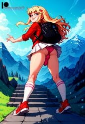 1futa 2d ai_generated backpack blonde_hair bulge bulge_through_clothing dickgirl erection erection_under_clothes futanari ilfb large_breasts long_hair looking_at_viewer looking_back looking_down panties shoes skirt smiling socks solo standing