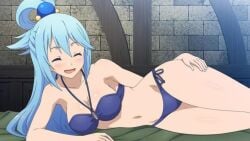 1girls aqua_(konosuba) bikini blue_eyes blue_hair blush closed_eyes cute female hand_on_hip happy_face happy_female kono_subarashii_sekai_ni_shukufuku_wo! laying_on_side photo relaxing skinny skinny_female skinny_girl thin thin_female thin_waist