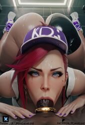 1girls ai_generated akali ass breasts female k/da_akali k/da_all_out_akali k/da_all_out_series k/da_series league_of_legends league_of_legends:_wild_rift male penis pornlandlord red_hair shoes shorts white_bra