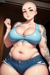 1female 1girls ai_generated bbw belly belly_bulge belly_button breasts brown_eyes button_nose chubby cleavage crop_top dress fat fat_arms fat_belly fat_rolls female female_focus female_only jean_shorts jeans large_boobs large_breasts plus_size pudgy ripped_shorts rolls shaved_head skin_tight solo tattoo tattoo_on_arm tattooed_arm tattoos thick_thighs