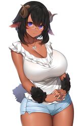 1girls 2021 animal_ears ass bare_shoulders big_ass big_breasts big_butt blue_shorts blush breasts butt cleavage collarbone curled_horns cute dark-skinned_female dark_skin female female_focus female_only fingernails fur glasses heart heart_necklace highres hips horns hourglass_figure huge_ass huge_breasts huge_butt humanoid large_ass large_breasts large_butt looking_at_viewer mole mole_under_eye original purple_eyes shirt short_hair short_shorts shorts simple_background sleeveless sleeveless_shirt solo solo_female solo_focus suruga_(xsurugax) tail thick thick_ass thick_thighs thighs white_background white_nails white_shirt wide_hips