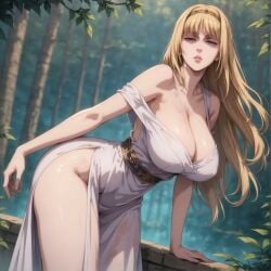 1girls ai_generated alex_schura attack_on_titan bangs bare_shoulders blonde_hair blue_eyes blurry_blush breasts clavicle curvaceous_figure curvy curvy_figure dress female female_focus female_only forrest hairband jewelry large_breasts leaning_forward lips long_hair looking_at_viewer nature outdoors parted_lips shingeki_no_kyojin side_slit sleeveless solo standing thighs tree voluptuous voluptuous_female water wet white_dress ymir_(shingeki_no_kyojin)