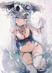 bare_shoulders between_breasts bikini black_panties black_shirt black_underwear blue_eyes blue_hair blush bone breasts choker earrings elf female flower garter_straps grey_eyes grey_hair halter_top halterneck hat high_resolution horns jewelry lingerie long_hair looking_at_viewer medium_breasts midriff mizuya navel necklace original pantsu parted_lips piercing pointed_ears revealing_clothes ripples shirt sidelocks silver_hair skull sleeveless sleeveless_shirt solo stomach swimsuit thighhighs thighs torn_clothes torn_shirt underwear very_long_hair water white_legwear yatsuha_(hachiyoh)