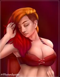 1girls artist_self-insert asymmetrical_hair bra breasts cleavage closed_eyes female female_only large_breasts long_hair madamsquishie original original_character red_hair shaved_side solo squishie_(madamsquishie) two_tone_hair