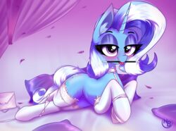 2021 blush clothed clothed_feral clothing digital_media_(artwork) equid equine eyebrows female feral friendship_is_magic hasbro hi_res horn inner_ear_fluff lingerie looking_at_viewer magic_wand mammal mouth_hold my_little_pony nevobaster panties_around_ankles petals smile solo trixie_(mlp) tuft underwear unicorn unicorn_horn