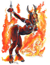 anthro bondage bound breasts burning chastity_device dancing demon equid equine erection female fire flaming_hair flaming_mane flaming_tail gag group heather_bruton horn horse kneeling male mammal muzzle_(object) muzzled pole pole_dancing pseudo_hair pseudo_mane torture traditional_media_(artwork)