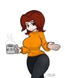 1girls big_breasts black_eyes brown_hair comfy comfy_cozy cozy dodo-bot female female_only hair hot_drink image mii mii_gunner mii_gunner_(smash_4) mob_face mug neutral_expression nintendo orange_sweater orange_turtleneck red_hair signature slight_blush solo steam steaming_drink steaming_mug super_smash_bros. sweater thick_thighs turtleneck velma_dinkley_(cosplay) white_background