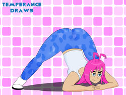 ass_up bent_over clothed dc dcau jack-o_pose kole pink_hair pinup raised_eyebrow simple_background smile teen_titans temperancedraws yoga_pants