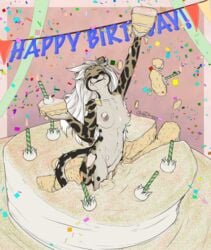 2021 anthro birthday blokfort breasts cake candle cheetah closed_eyes confetti dessert eating felid feline female food genitals hi_res king_cheetah mammal nipples nude pussy simple_background text