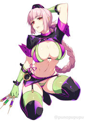 1girls 2021 arm_behind_head arm_up artist_signature bikini braided_hair breasts cropped_jacket fate/grand_order fate_(series) female female_focus female_only florence_nightingale_(fate) florence_nightingale_(trick_or_treatment)_(fate) gloves green_bikini hat heels holding_object huge_breasts kneeling latex latex_bikini latex_gloves latex_thighhighs long_hair pink_hair punopupupu purple_bikini red_eyes short_skirt simple_background skirt syringe thighhighs twitter_username white_background zeroshiki_kouichi