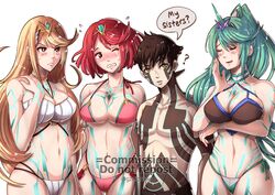 1boy 3girls abs atlus bikini black_hair blonde_hair blush breasts closed_eyes crossover demi-fiend gold_eyes green_hair gzei hitoshura large_breasts light_skin long_hair muscular_male mythra navel nervous one_eye_closed pink_eyes pneuma pyra red_hair shin_megami_tensei shin_megami_tensei_iii:_nocturne short_hair source_request tattoos topless_male xenoblade_chronicles_2