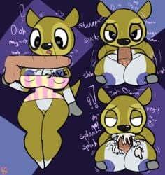 ahe_gao animal_crossing anthro bursting_breasts cum_in_mouth cum_inside curvy drooling fellatio heart-shaped_pupils hourglass_figure kangaroo kitt_(animal_crossing) klutzatdusk mature_female milf miniskirt motion_lines nintendo oral penis_across_breasts penis_awe penis_on_breasts skimpy sound_effects spoken_heart