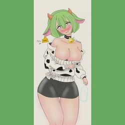 big_breasts blush brown_eyes collar collarbone cow_ears cow_girl cow_horns cow_print cowbell green_hair holding_breast horns jademan jadevaquita milk_bottle minishorts numbered short_hair smile thigh_gap thighs wide_hips