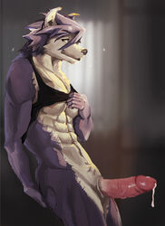 abs anthro bottomless canid canine canis clothed clothing domestic_dog erection genitals hi_res humanoid_genitalia humanoid_penis kouya_(morenatsu) male mammal morenatsu muscular orioz penis solo video_games visual_novel