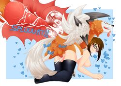 1boy 1girls all_fours animal_genitalia animal_penis anthro areolae ass backsack balls black_legwear black_thighhighs blue_eyes blush breasts brown_hair canine canine_penis clothing cross_section cum cum_in_pussy cum_in_uterus cum_inside dusk_lycanroc female female_on_feral feral from_behind furfursha glasses human_on_feral interspecies knot knotting legs_together long_hair lycanroc male male_pokemon/female_human nintendo nipples penetration penis pokemon pokemon_sm pussy sex testicles thighhighs thighs tongue_out uterus vaginal_penetration vaginal_sex zoophilia