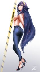 1girls ass back back_view bad_censor bare_back blue_eyes blue_hair breasts censored covered_nipples covering fire_emblem fire_emblem_awakening high_heels jeans long_hair looking_at_viewer looking_back lucina_(fire_emblem) nail_polish nintendo pants red_nails smile tiara topless very_long_hair white_background zaekyn