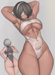 2girls armpits arms_behind_head ass big_ass big_breasts black_hair blindfold breasts dark-skinned_female dark_skin female grey_hair kelvin_hiu large_breasts leotard nier nier:_automata nier_(series) sexy_armpits short_hair sweat thick_thighs thighs wide_hips yorha_2b yorha_2p