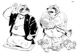 2011 anthro asian_clothing balls big_balls canid canine closed_eyes clothing east_asian_clothing eyewear fundoshi genitals glasses humanoid_hands japanese_clothing kemono male mammal monochrome motogen overweight overweight_male raccoon_dog robe simple_background sitting solo tanuki underwear white_background