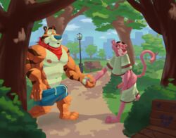 anthro archiblender bottomwear bulge clothing duo felid frosted_flakes genitals hand_holding hi_res kellogg's male male/male male_only mammal mascot outside pantherine penis pink_panther pink_panther_(series) shorts tiger tony_the_tiger