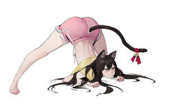 1girls ass_up back barefoot bell black_hair catgirl clothed dhk jack-o_pose jackochallenge long_hair nekomimi original pink_shorts shirt_lift shorts spread_legs tail top-down_bottom-up white_background yellow_shirt