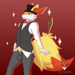 alternate_version_at_source animal_genitalia anthro bottomless braixen clothed clothing genitals hat headgear headwear hi_res male male_only nintendo partially_clothed pokémon_(species) pokemon pokemon_(species) sheath sirdoomwolf solo video_games